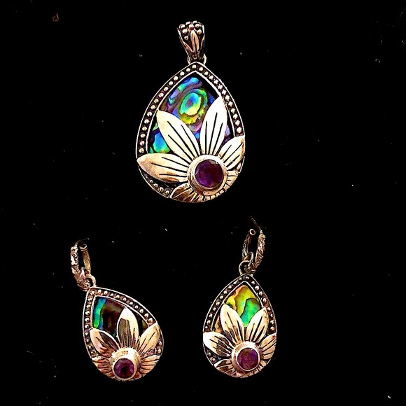 Silver set with abalone pearl and amethyst🌸earrings with pendant 🌺 - Picture 7 of 14